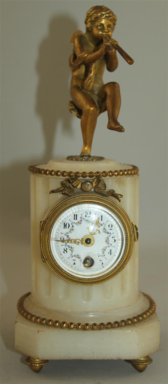 An early 20th century French ormolu mounted alabaster timepiece, 9.5in.